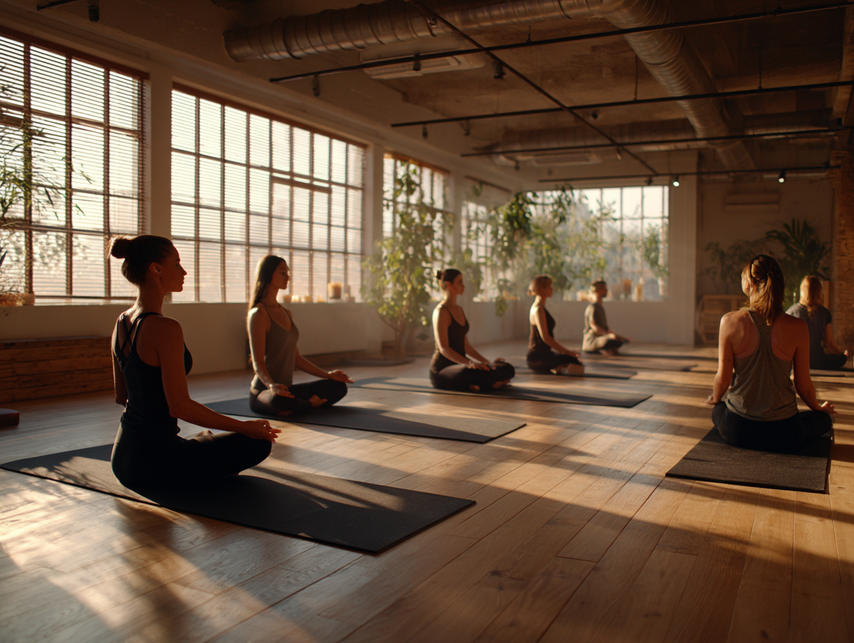 Grup de persoane practicând yoga în natură